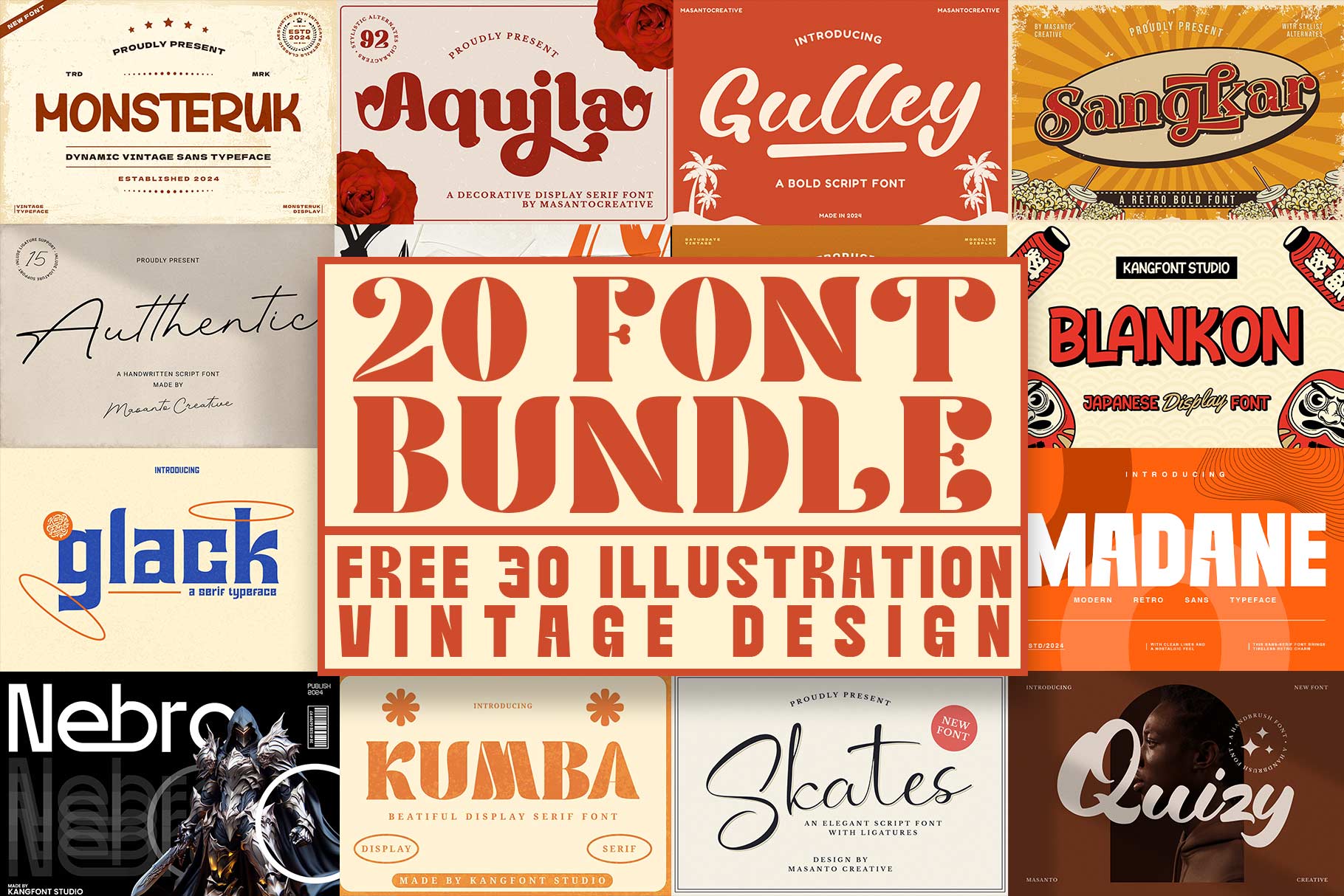 20 Font Bundle - FREE 30 Vintage Illustration Designs typeface specimen