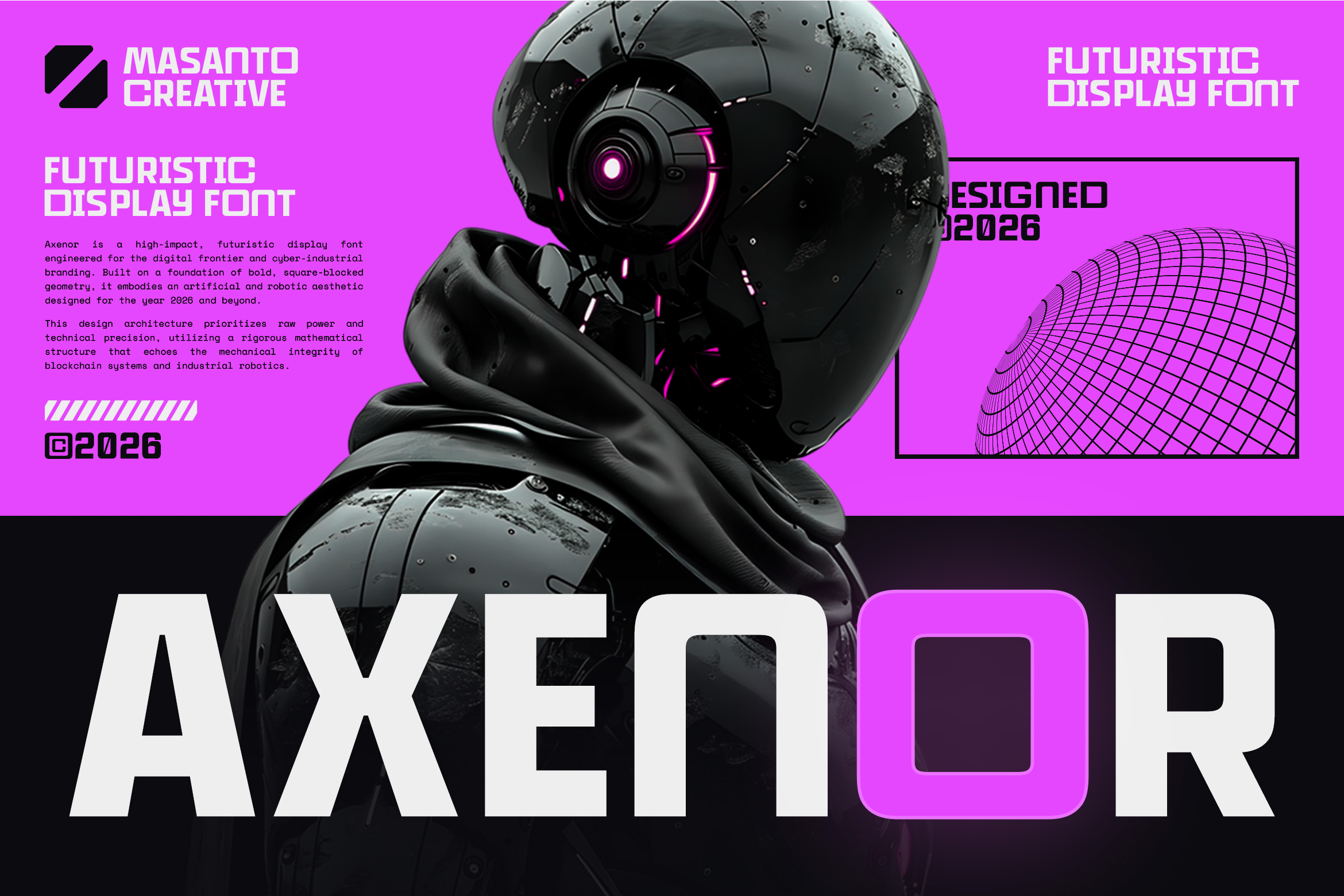 Axenor – Futuristic Cyberpunk Display Font typeface specimen